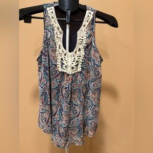 Boho Paisley Crochet Lace Trim Tank Top Small EUC Stitch Fix Blouse